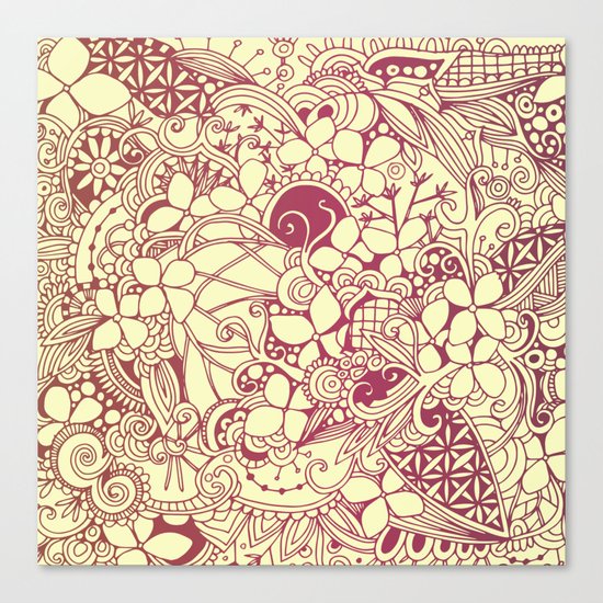 Yellow square, pink floral doodle, zentangle inspired art pattern Canvas Print