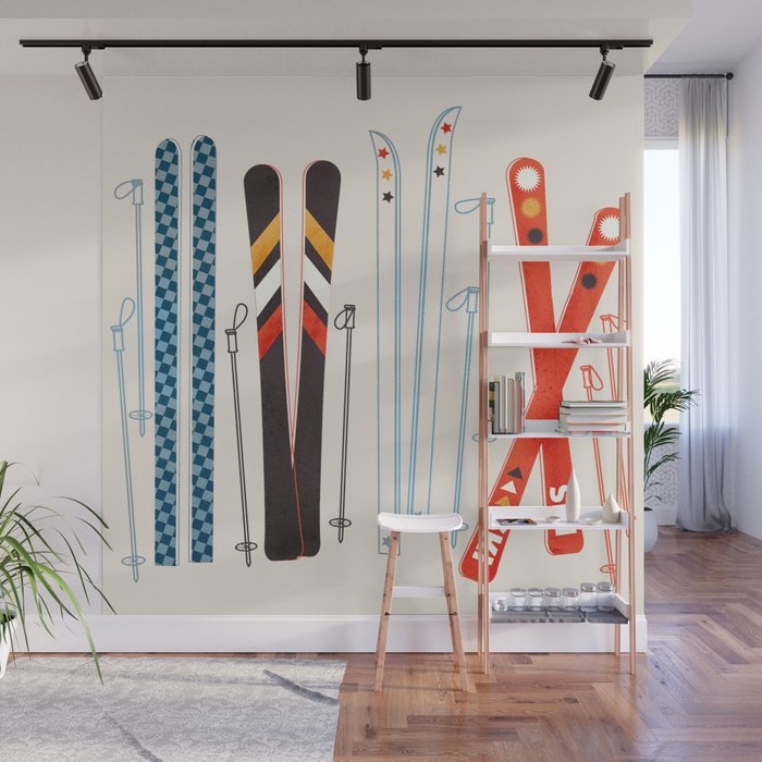 Retro Ski Illustration Wall Mural by showmemars | Society6