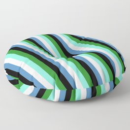 [ Thumbnail: Colorful Forest Green, Aquamarine, Mint Cream, Blue & Black Colored Stripes Pattern Floor Pillow ]