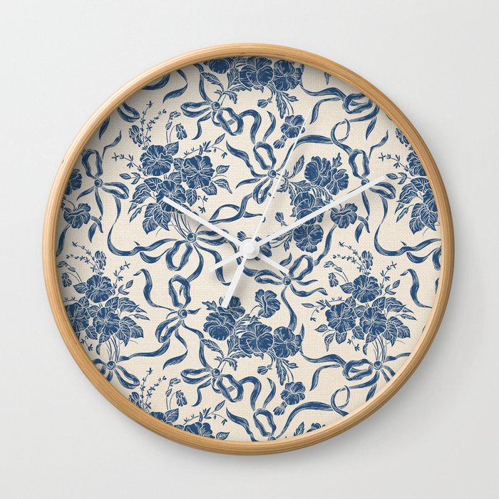 Chic Modern Vintage Ivory Navy Blue Floral Pattern Wall Clock