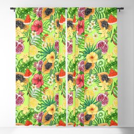 Tropical mix-fruit, flowers and leaves on green Blackout Curtain