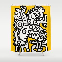 Black and White Cool Monsters Graffiti on Yellow Background Shower Curtain