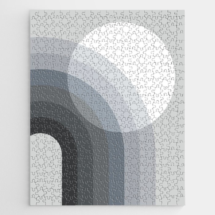 Mid Century Modern Geometric 80 in Charcoal, Grey and Navy Blue (Sun and Rainbow abstraction