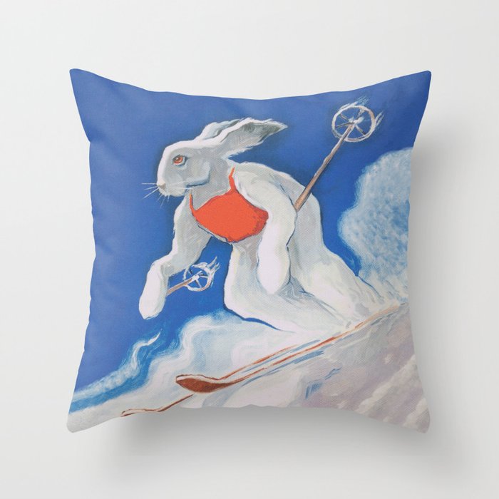 Ski Bunny Vintage Art Throw Pillow