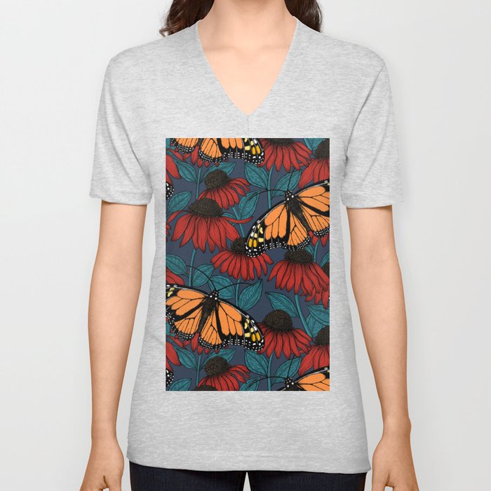 Monarch butterfly on red coneflowers  V Neck T Shirt
