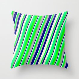 [ Thumbnail: Eyecatching Dark Gray, Dark Blue, Beige, Green & Lime Colored Striped/Lined Pattern Throw Pillow ]