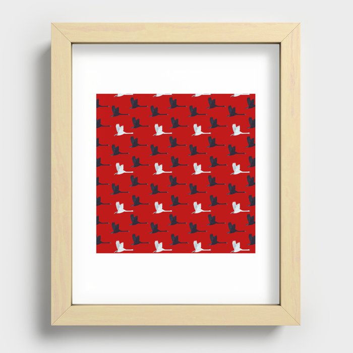 Flying Elegant Swan Pattern on Red Background Recessed Framed Print