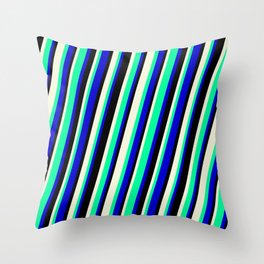 [ Thumbnail: Beige, Green, Blue, and Black Colored Striped/Lined Pattern Throw Pillow ]