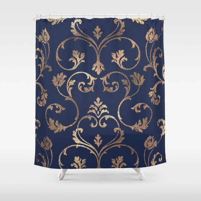 Navy blue and gold shower curtain on sale