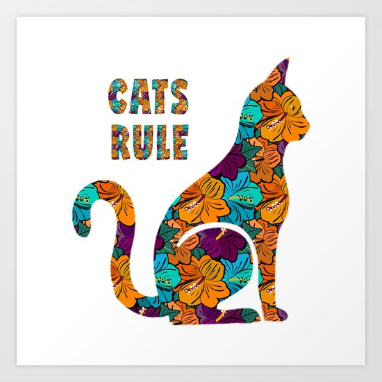 Cats Rule Silhouette With Hibiscus Flowers Art Print