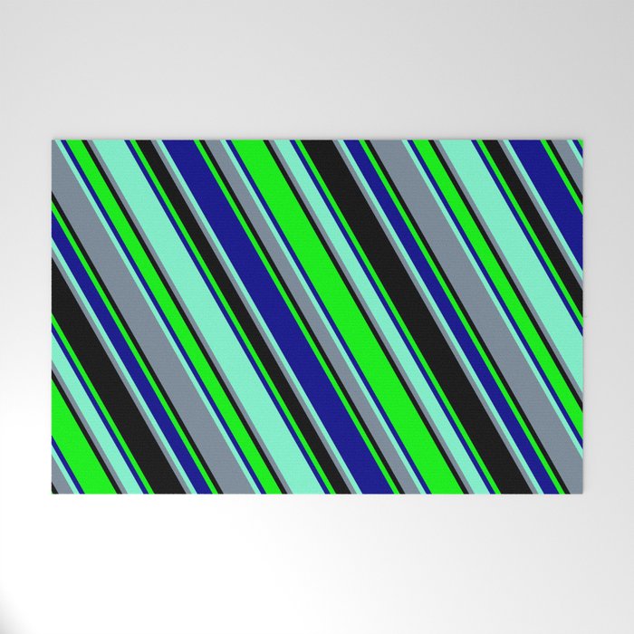 Colorful Black, Lime, Dark Blue, Aquamarine, and Light Slate Gray Colored Lined Pattern Welcome Mat