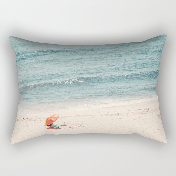 Aerial Orange Beach Umbrella - Ocean - Beach and Sea photography by Ingrid Beddoes Rectangular Pillow