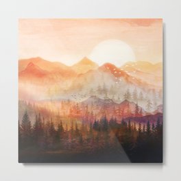 Forest Shrouded in Morning Mist Metal Print | Abstract, Summer, Painting, Watercolor, Morning, Forest, Sun, Sunset, Mist, Mountains 