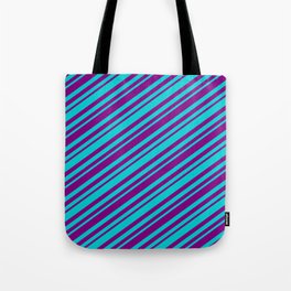 [ Thumbnail: Purple and Dark Turquoise Colored Lines/Stripes Pattern Tote Bag ]