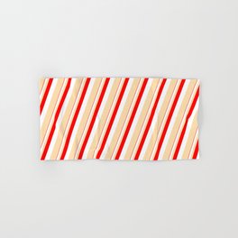 [ Thumbnail: Red, White, and Tan Colored Lines/Stripes Pattern Hand & Bath Towel ]