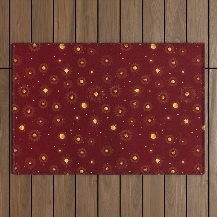 Nostalgic Golden Moon and Stars Pattern on Dark Red Background Outdoor Rug