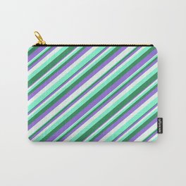 [ Thumbnail: Purple, Mint Cream, Aquamarine & Sea Green Colored Striped Pattern Carry-All Pouch ]
