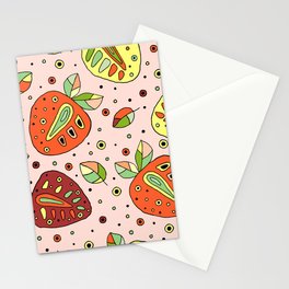 Seamless hand drawn childish pattern with fruits. Cute childlike strawberries with leaves Stationery Cards