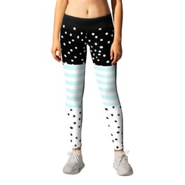 Modern black white teal stripes watercolor polka dots Leggings