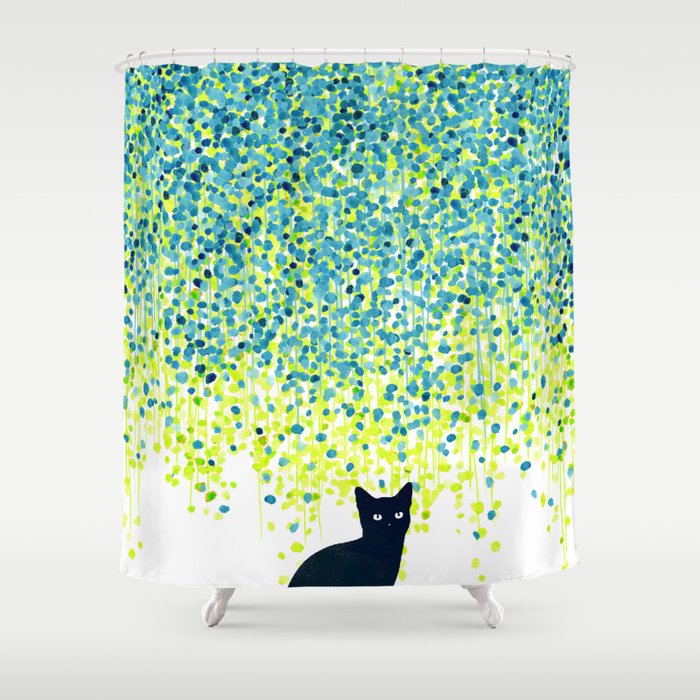 Cat in the garden under willow tree Shower Curtain