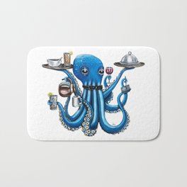 "Octo Server" - Octopus Waiter Bath Mat | Tea, Animal, Servingtray, Wine, Waiter, Coffee, Colored Pencil, Blue, Food, Server 