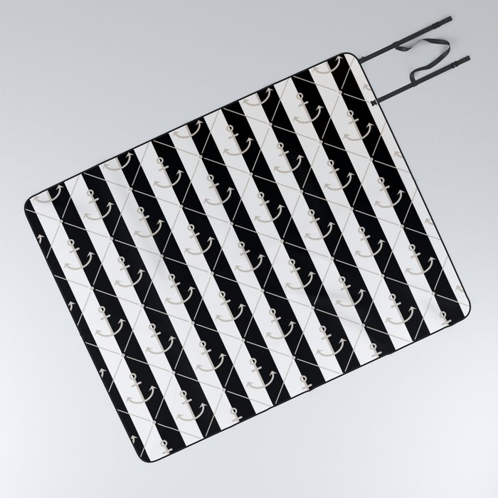 Sand Beige Anchor Pattern on Black and White Picnic Blanket