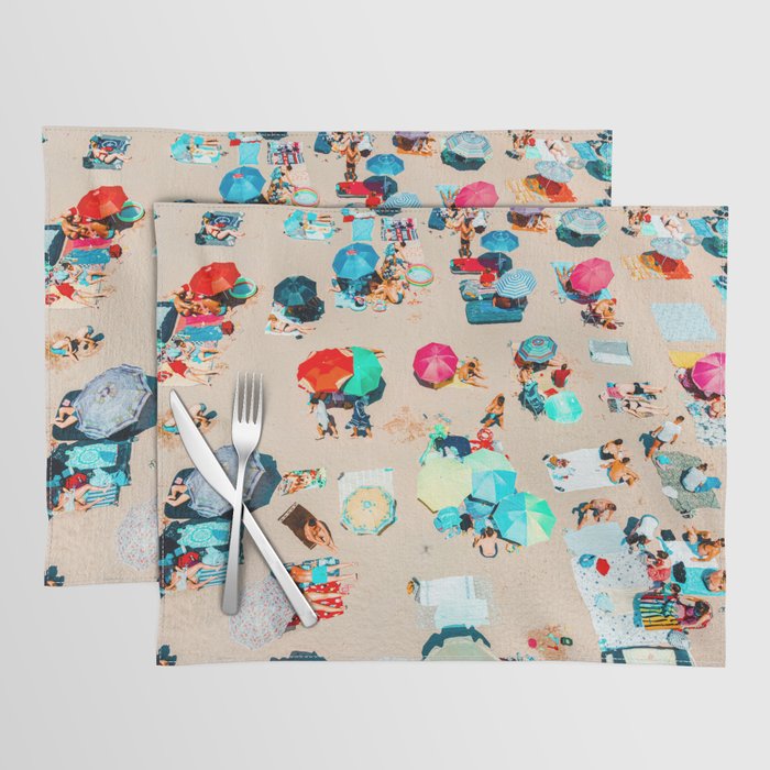 Aerial People On Beach, Beach Umbrellas, Colorful Umbrellas, Summer Vibes Placemat