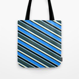 [ Thumbnail: Blue, Light Yellow, Dark Slate Gray & Black Colored Striped/Lined Pattern Tote Bag ]