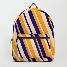 [ Thumbnail: Orange, Blue & Bisque Colored Lined Pattern Backpack ]