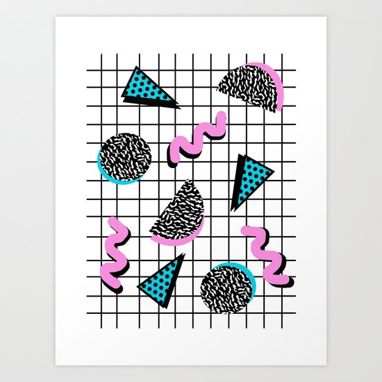 It's Casual - memphis throwback retro neon squiggle grid shapes geometric black and white modern art Art Print