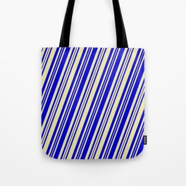 [ Thumbnail: Pale Goldenrod & Blue Colored Lines/Stripes Pattern Tote Bag ]