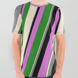 [ Thumbnail: Vibrant Beige, Gray, Black, Orchid & Forest Green Colored Stripes Pattern All Over Graphic Tee ]