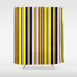 [ Thumbnail: Yellow, Sienna, Lavender, and Black Colored Lines/Stripes Pattern Shower Curtain ]