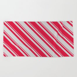[ Thumbnail: Light Grey and Crimson Colored Lines/Stripes Pattern Beach Towel ]