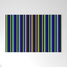 [ Thumbnail: Turquoise, Dark Goldenrod, Dark Blue & Black Colored Stripes Pattern Welcome Mat ]