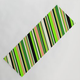 [ Thumbnail: Eyecatching Chartreuse, Light Salmon, Forest Green, Beige & Black Colored Striped/Lined Pattern Yoga Mat ]