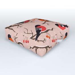 Winter birds red Bullfinches on snowy berry branches pastel peach Outdoor Floor Cushion