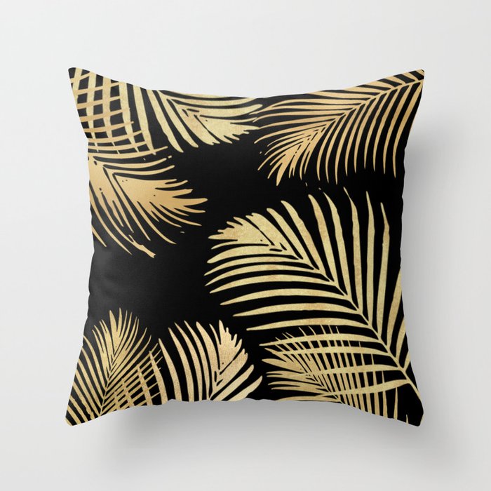 Gold Palm Leaves on Black Throw Pillow