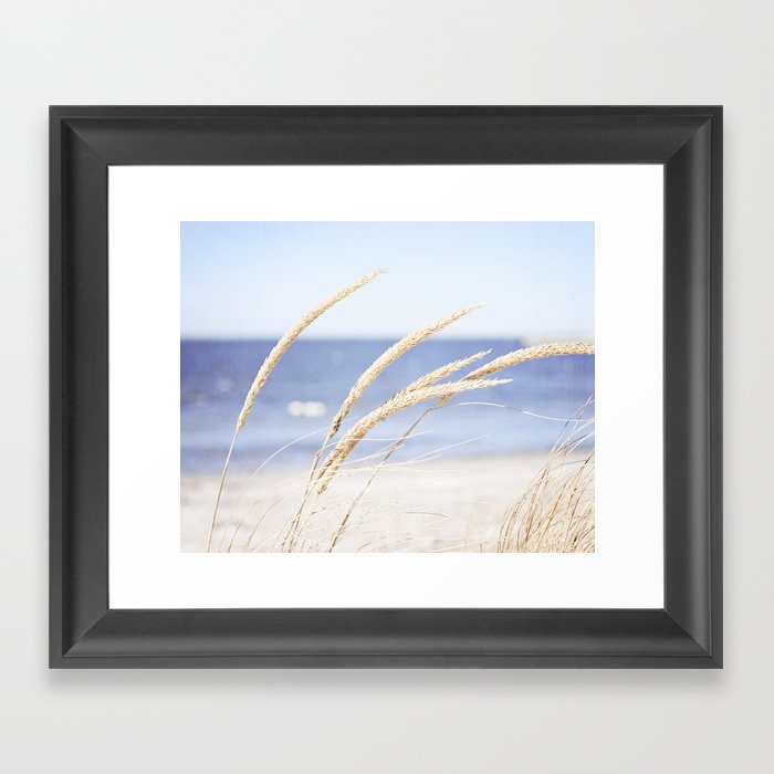 Beach Grass Blue Photography, Coastal Ocean Landscape, Sea Seashore Seascape Shore Framed Art Print