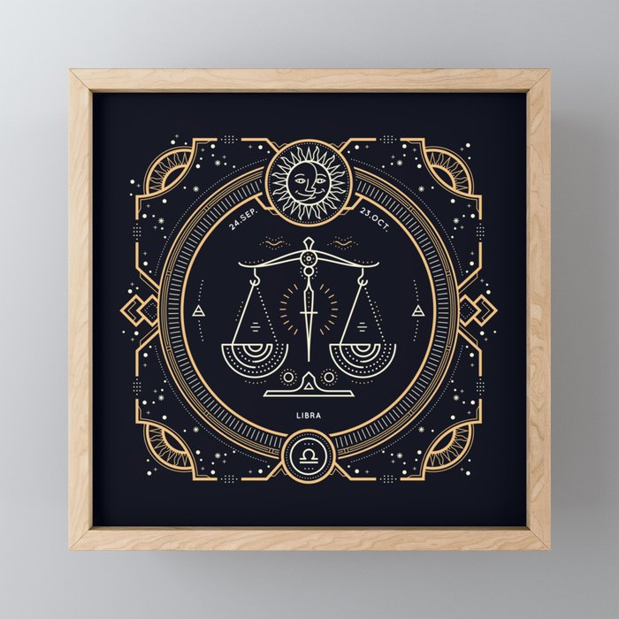 Libra Zodiac Golden White on Black Background Framed Mini Art Print