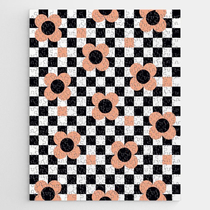 Blooming spring field floral checker pattern # orange pudding  Jigsaw Puzzle
