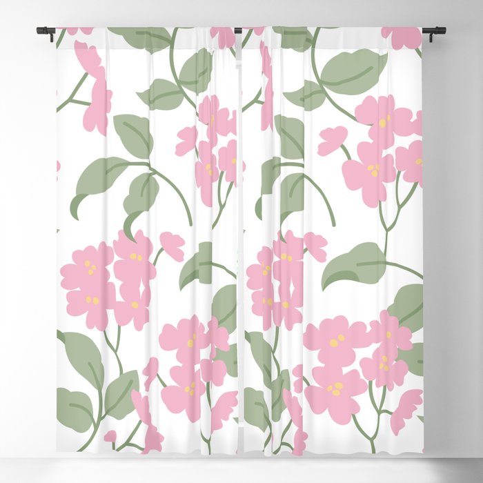 Tea Time Pink Pastel Floral Ornament White Pastel Green Leaves  Blackout Curtain