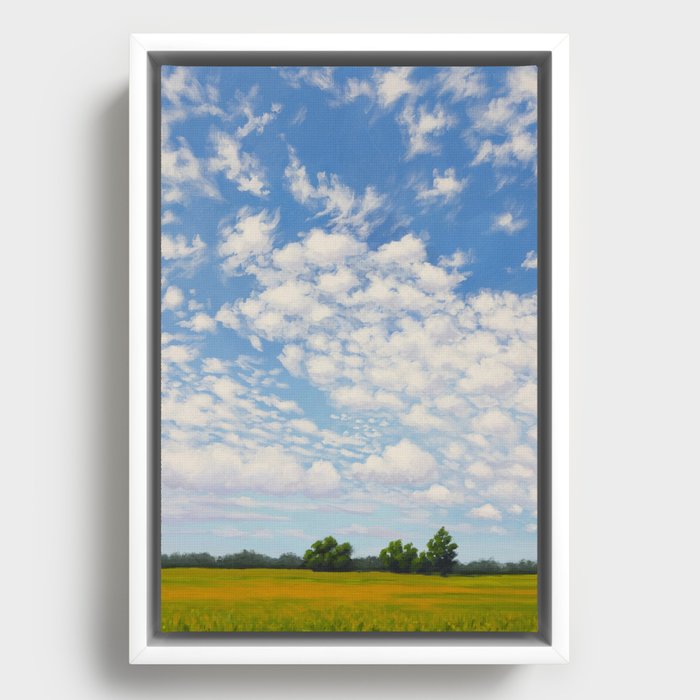 Puffy Clouds Peaceful Landscape Framed Canvas