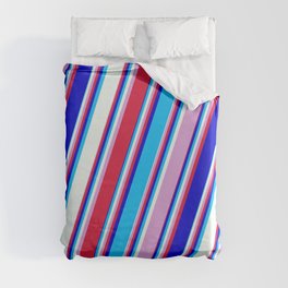 [ Thumbnail: Colorful Plum, Crimson, Blue, Deep Sky Blue, and Mint Cream Colored Lined/Striped Pattern Duvet Cover ]