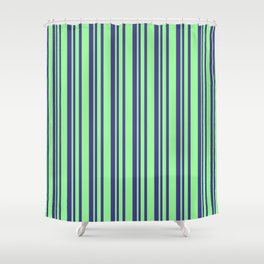 [ Thumbnail: Dark Slate Blue & Green Colored Lines Pattern Shower Curtain ]