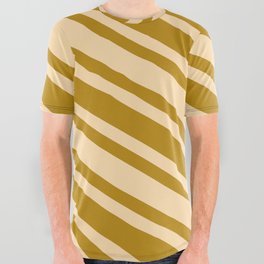 [ Thumbnail: Dark Goldenrod & Tan Colored Lines/Stripes Pattern All Over Graphic Tee ]