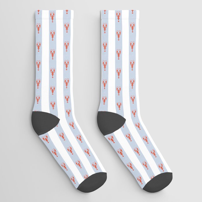 Red Lobsters On Hand-Painted Blue Stripes Socks
