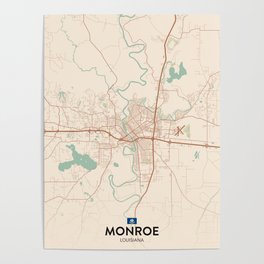 Monroe, Louisiana, United States - Vintage City Map Poster