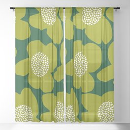 Large Retro Flowers Olive Green Petals White Center Dark Green Background #decor #society6 #buyart Sheer Curtain