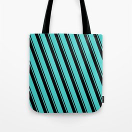 [ Thumbnail: Black & Turquoise Colored Lines/Stripes Pattern Tote Bag ]